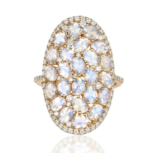 Rainbow Moonstone & Diamond Cluster Ring in 18K Yellow Gold