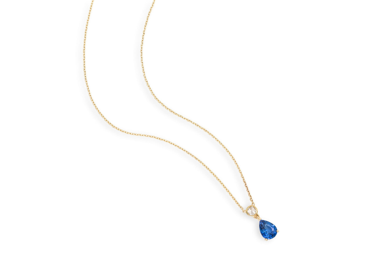 Pear Blue Sapphire and Rose Cut Diamond Pendant Necklace in 18K Yellow Gold