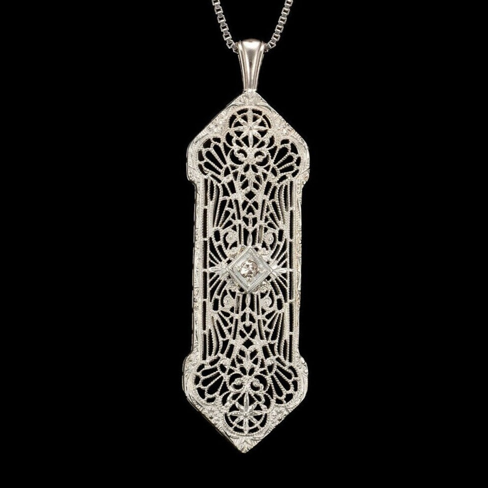 Art Deco Filigree Diamond Accented Pendant in 14K White Gold