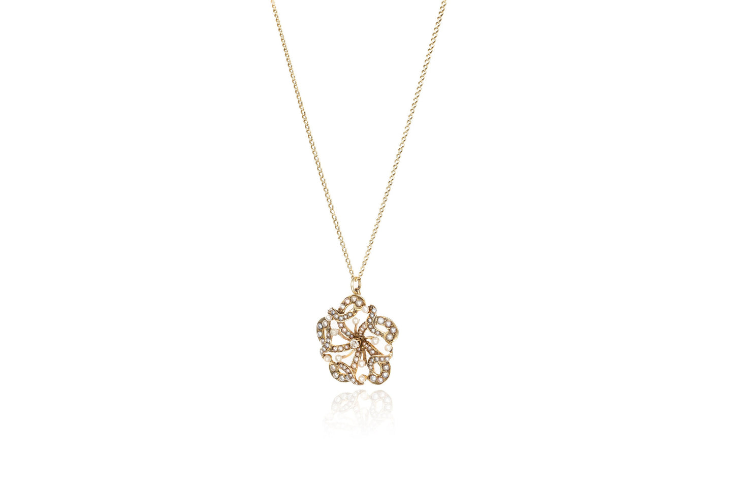 Victorian Pearl & Diamond Floral Pendant in 14K Yellow Gold