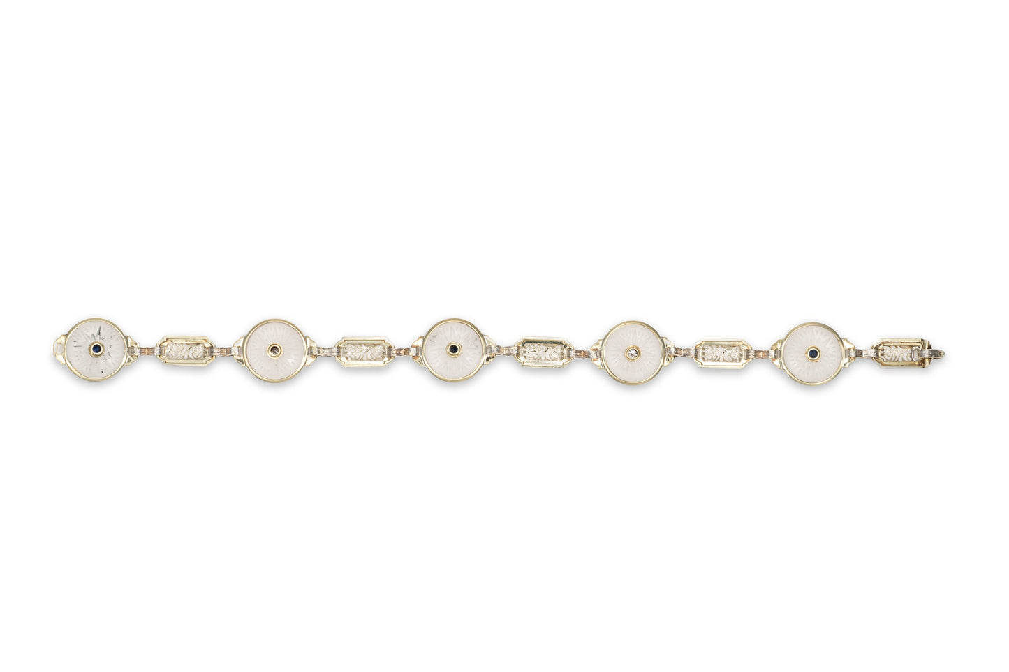 Art Deco Diamond & Sapphire Camphor Glass Filigree Bracelet in 14K Gold