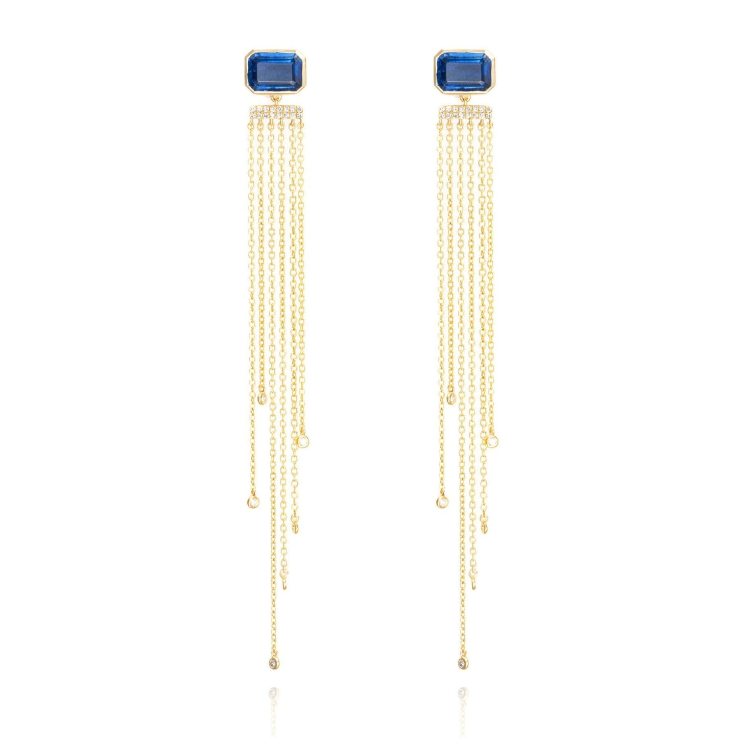 Kyanite & Diamond Chain Fringe Drop Earrings in 14K Yellow Gold