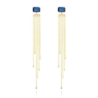 Kyanite & Diamond Chain Fringe Drop Earrings in 14K Yellow Gold