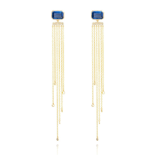 Kyanite & Diamond Chain Fringe Drop Earrings in 14K Yellow Gold