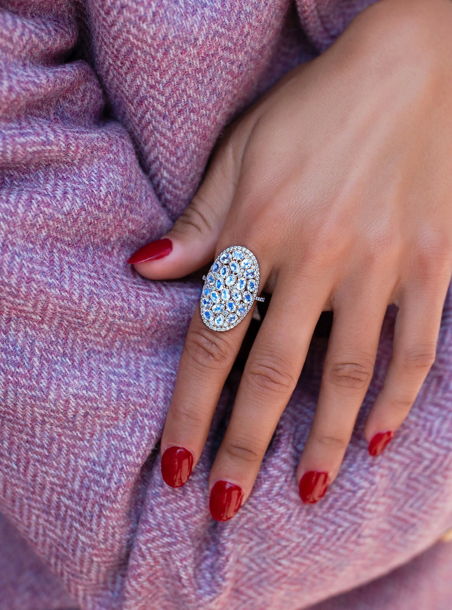 Rainbow Moonstone & Diamond Cluster Ring in 18K Yellow Gold