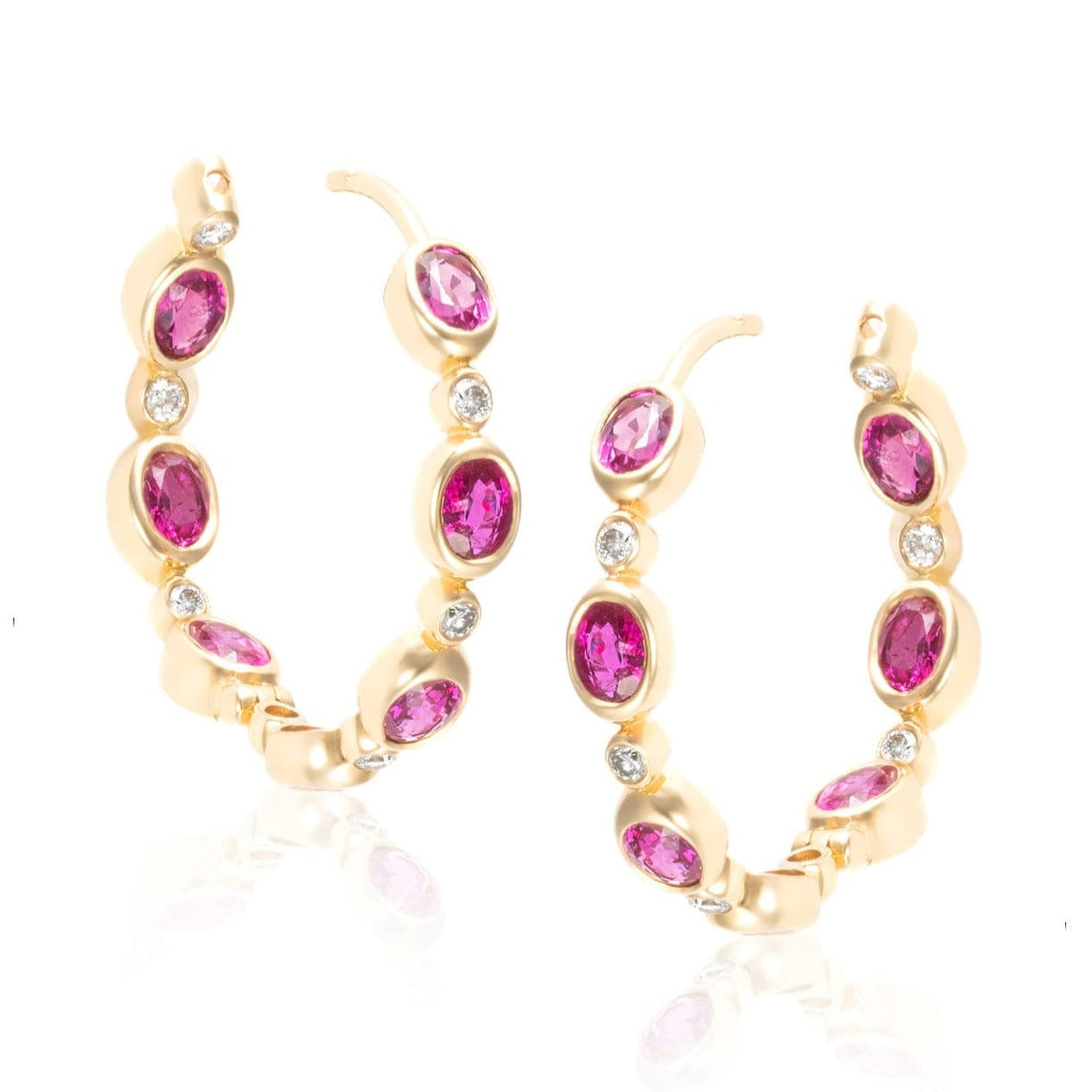 Ruby & Diamond Bezel Set Inside Outside Hoop Earrings in 18K Yellow Gold