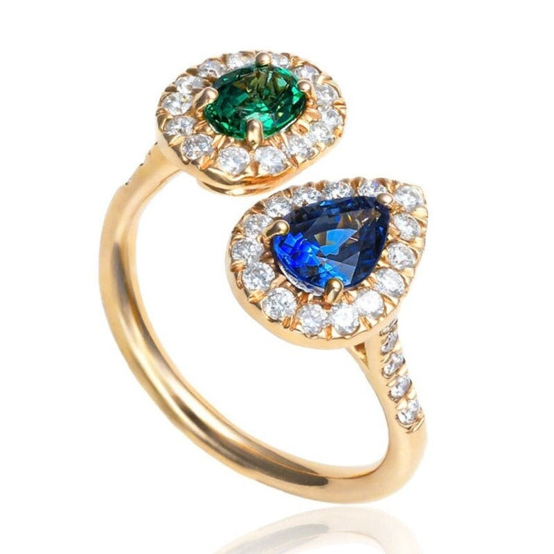 Emerald & Sapphire Diamond Toi Et Moi Ring in 18K Yellow Gold