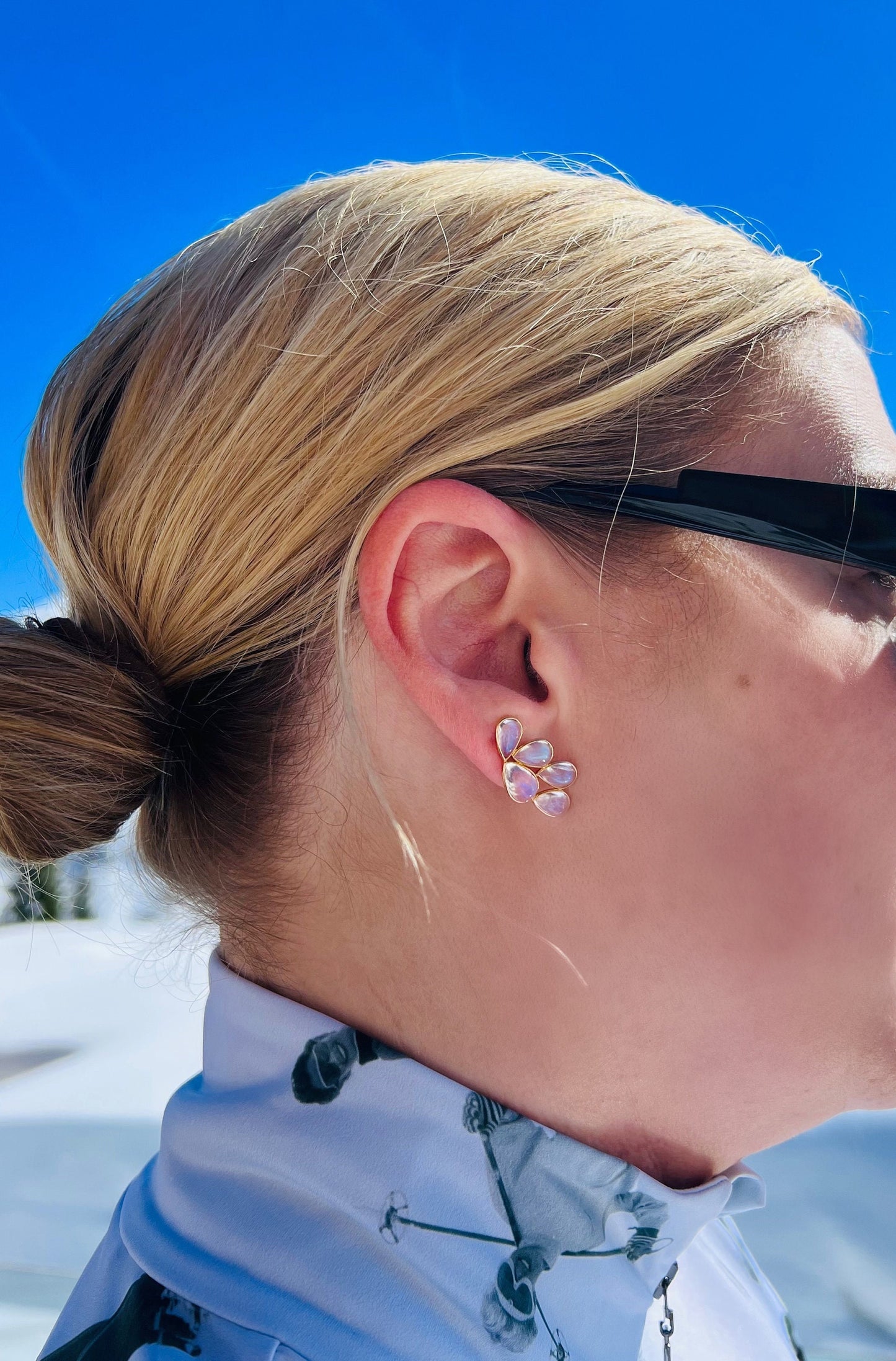 Rainbow Moonstone Cluster Earrings in 18K Yellow Gold