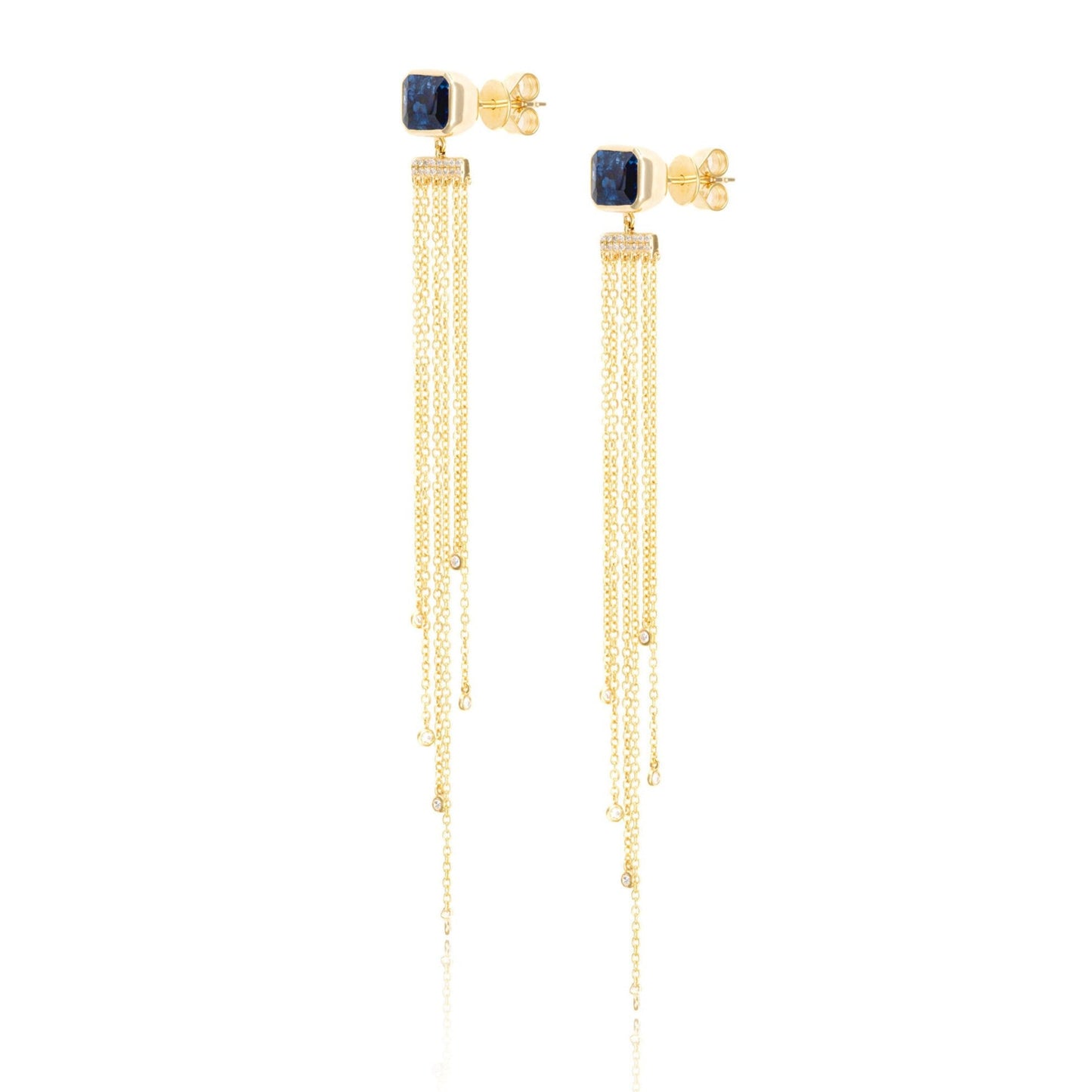 Kyanite & Diamond Chain Fringe Drop Earrings in 14K Yellow Gold