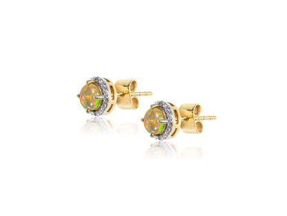 Opal with Diamond Halo Stud Earrings in 18K Yellow Gold