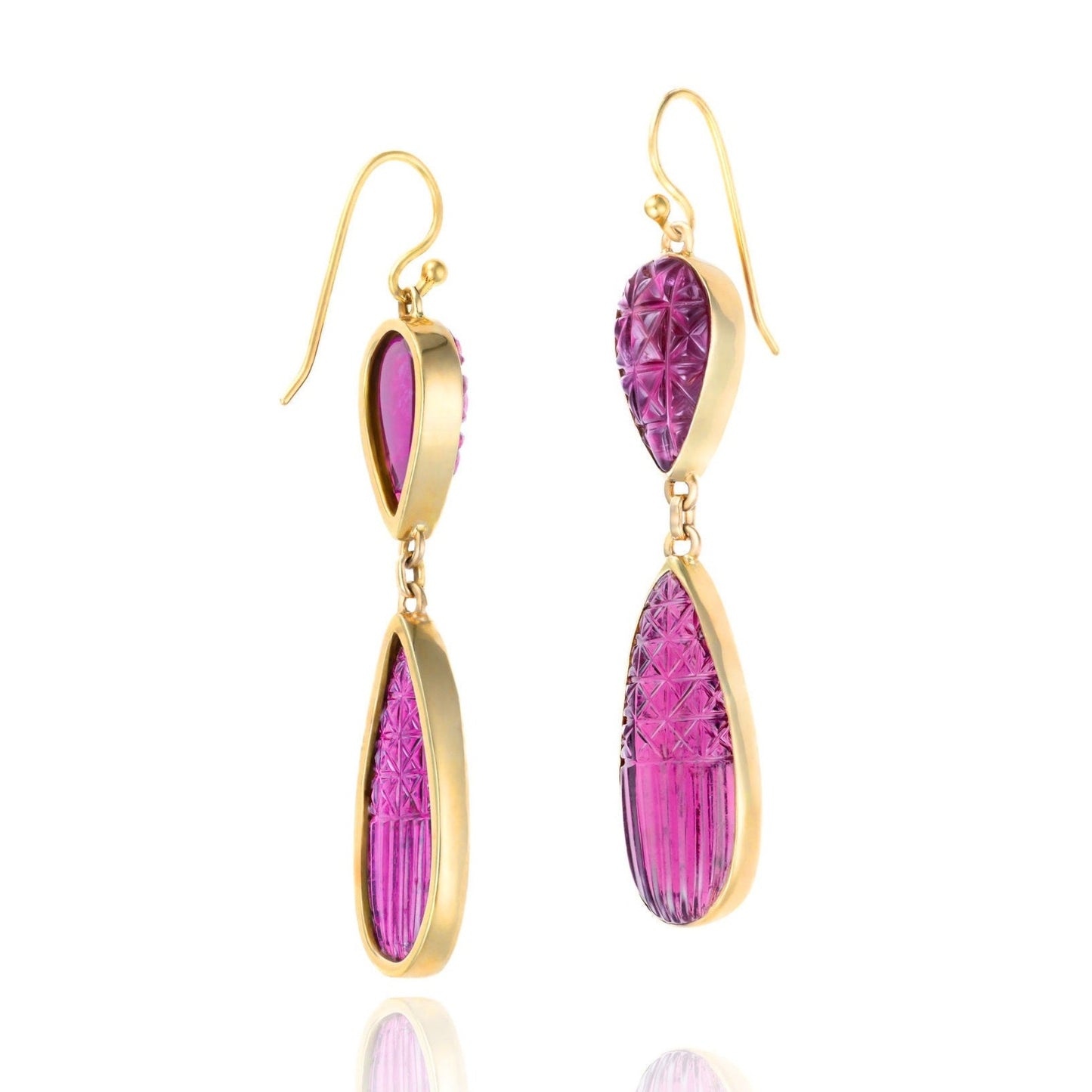 Hand Carved Tourmaline Bezel Drop Earrings in 18K Yellow Gold