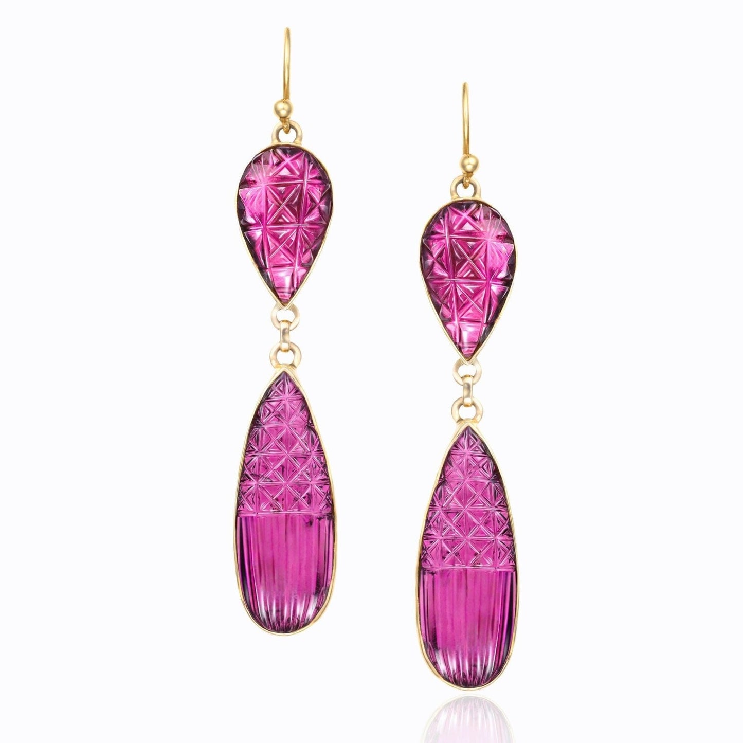 Hand Carved Tourmaline Bezel Drop Earrings in 18K Yellow Gold