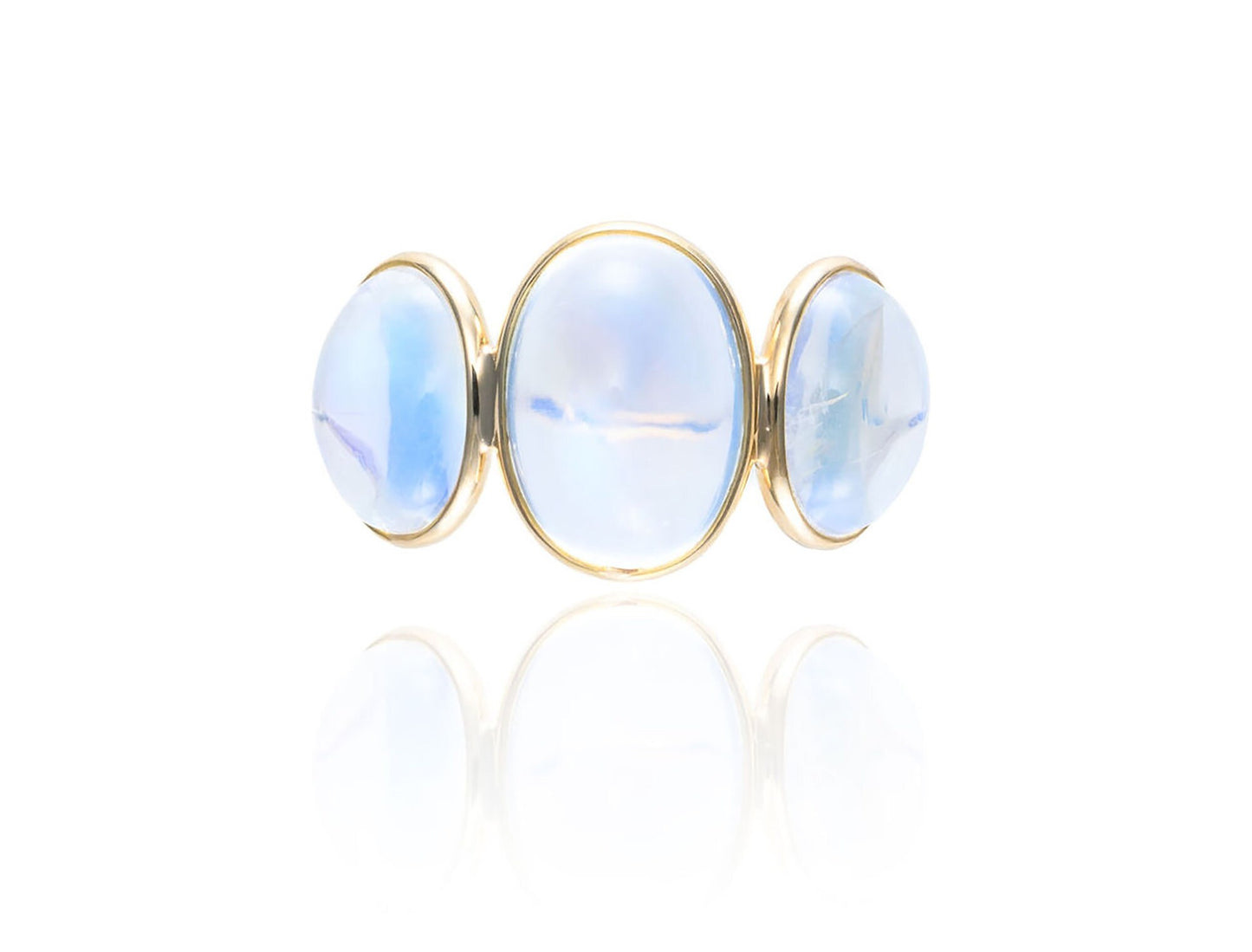 Three Stone Rainbow Moonstone Ring in 18K Yellow Gold