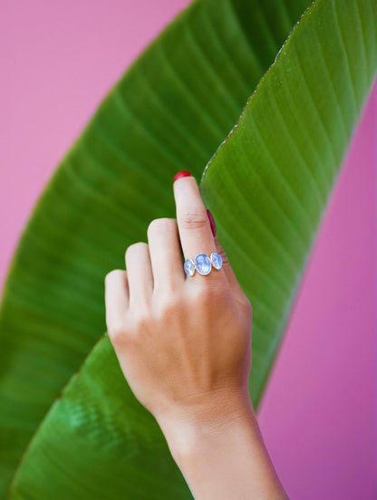 Three Stone Rainbow Moonstone Ring in 18K Yellow Gold