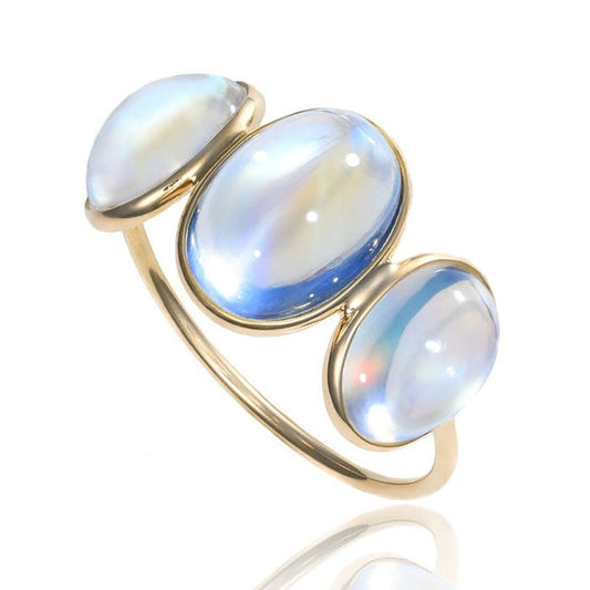 Three Stone Rainbow Moonstone Ring in 18K Yellow Gold