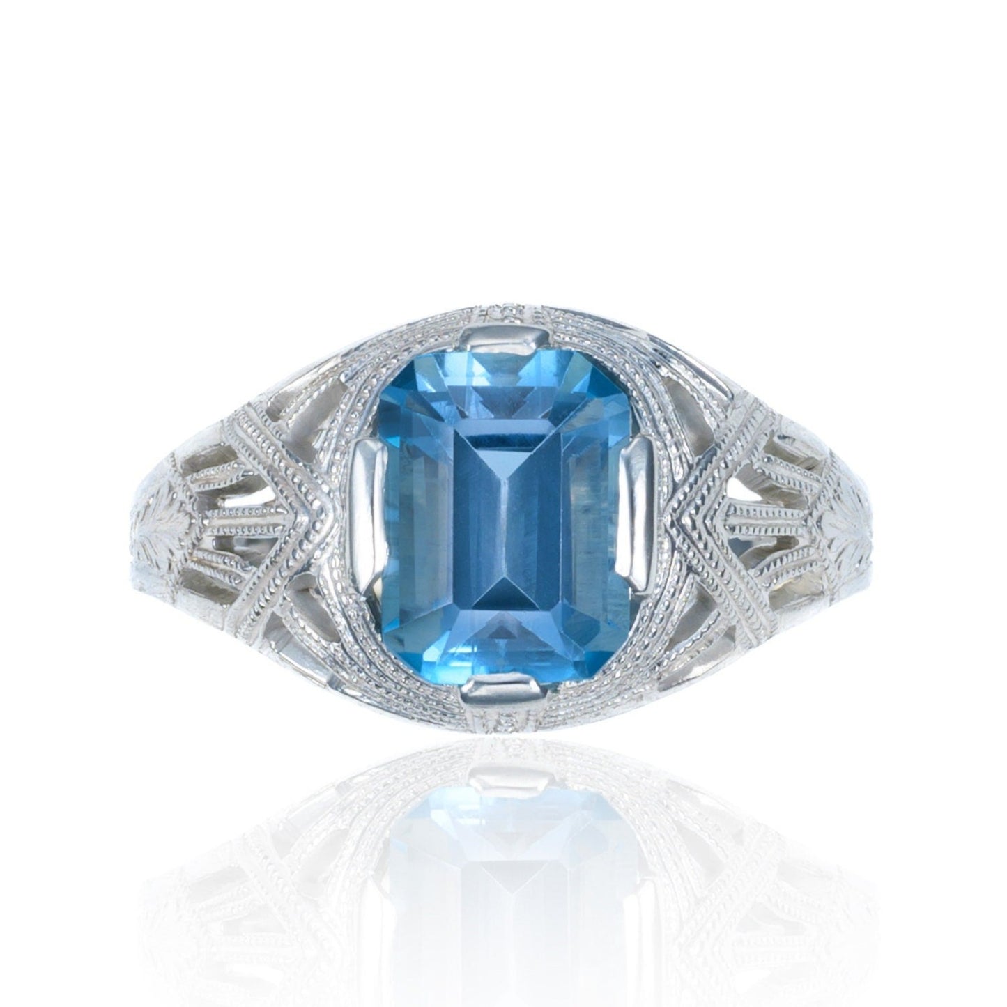 Antique Art Deco London Blue Topaz Filigree Ring in 10K White Gold