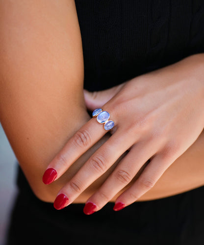 Three Stone Rainbow Moonstone Ring in 18K Yellow Gold