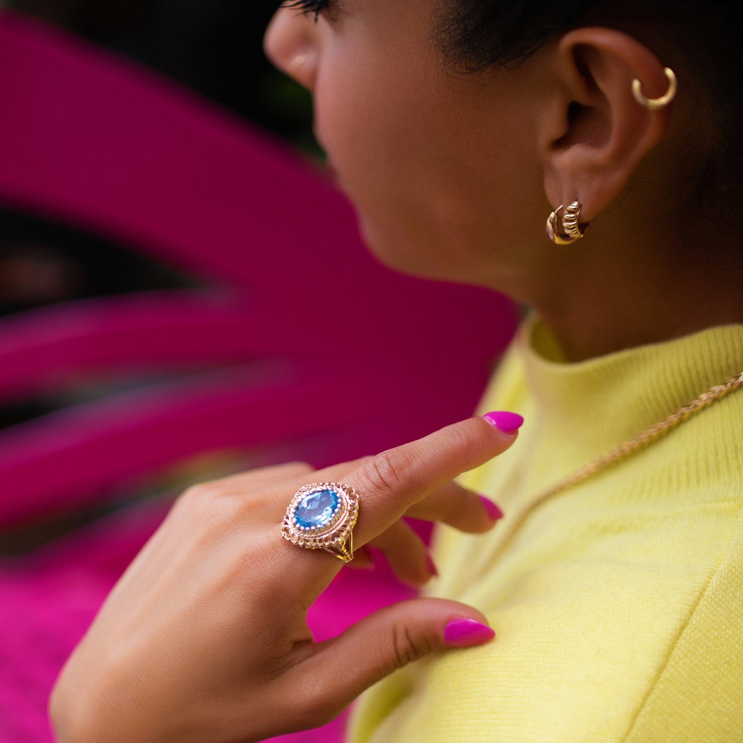 Blue Topaz Ornate Filigree Cocktail Ring in 10K Yellow Gold