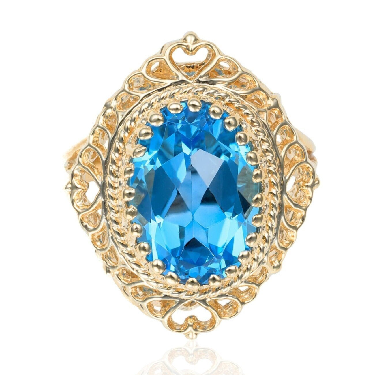 Blue Topaz Ornate Filigree Cocktail Ring in 10K Yellow Gold