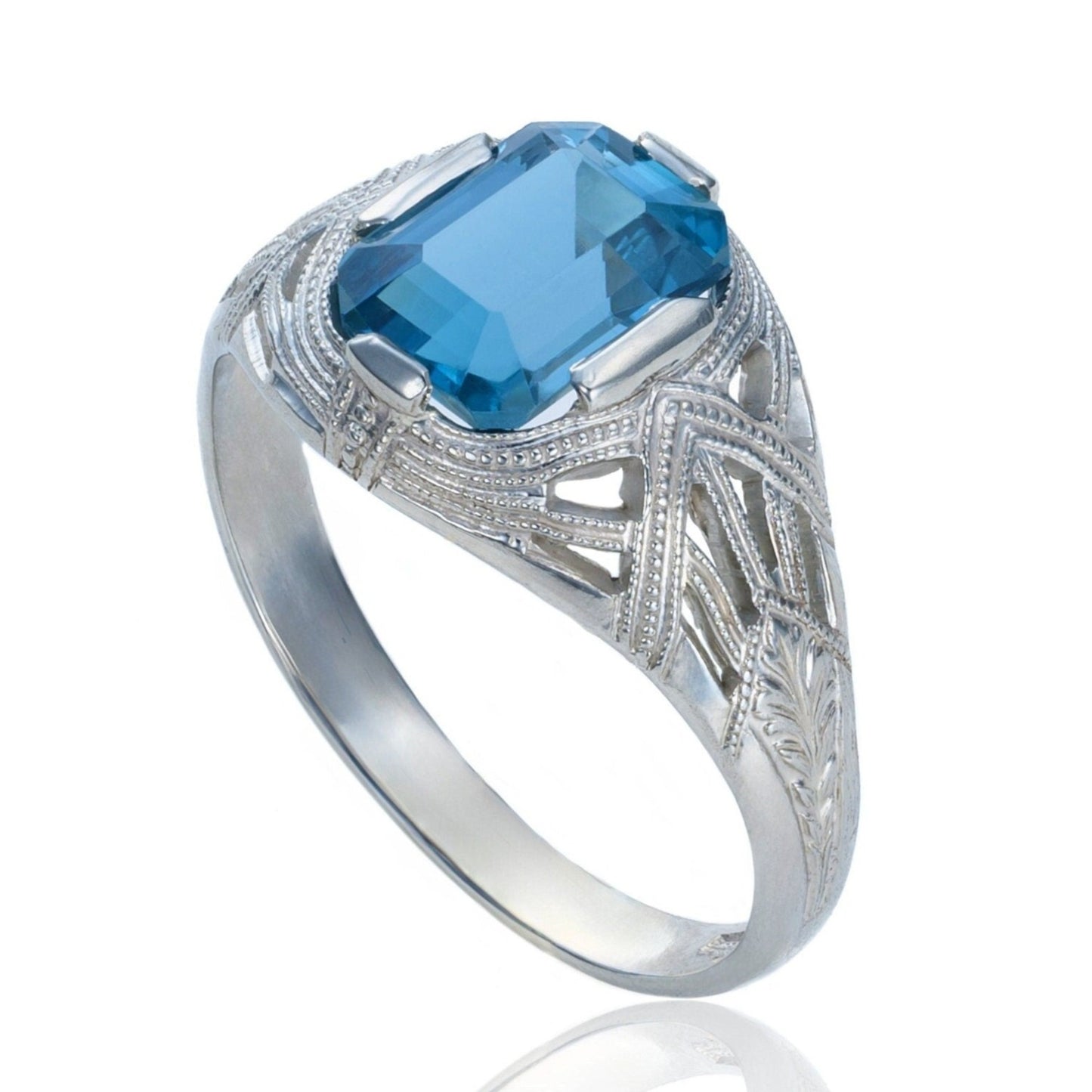 Antique Art Deco London Blue Topaz Filigree Ring in 10K White Gold