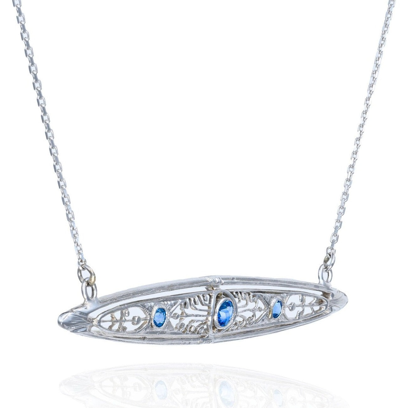 Art Deco Sapphire Filigree Necklace in 14K White Gold