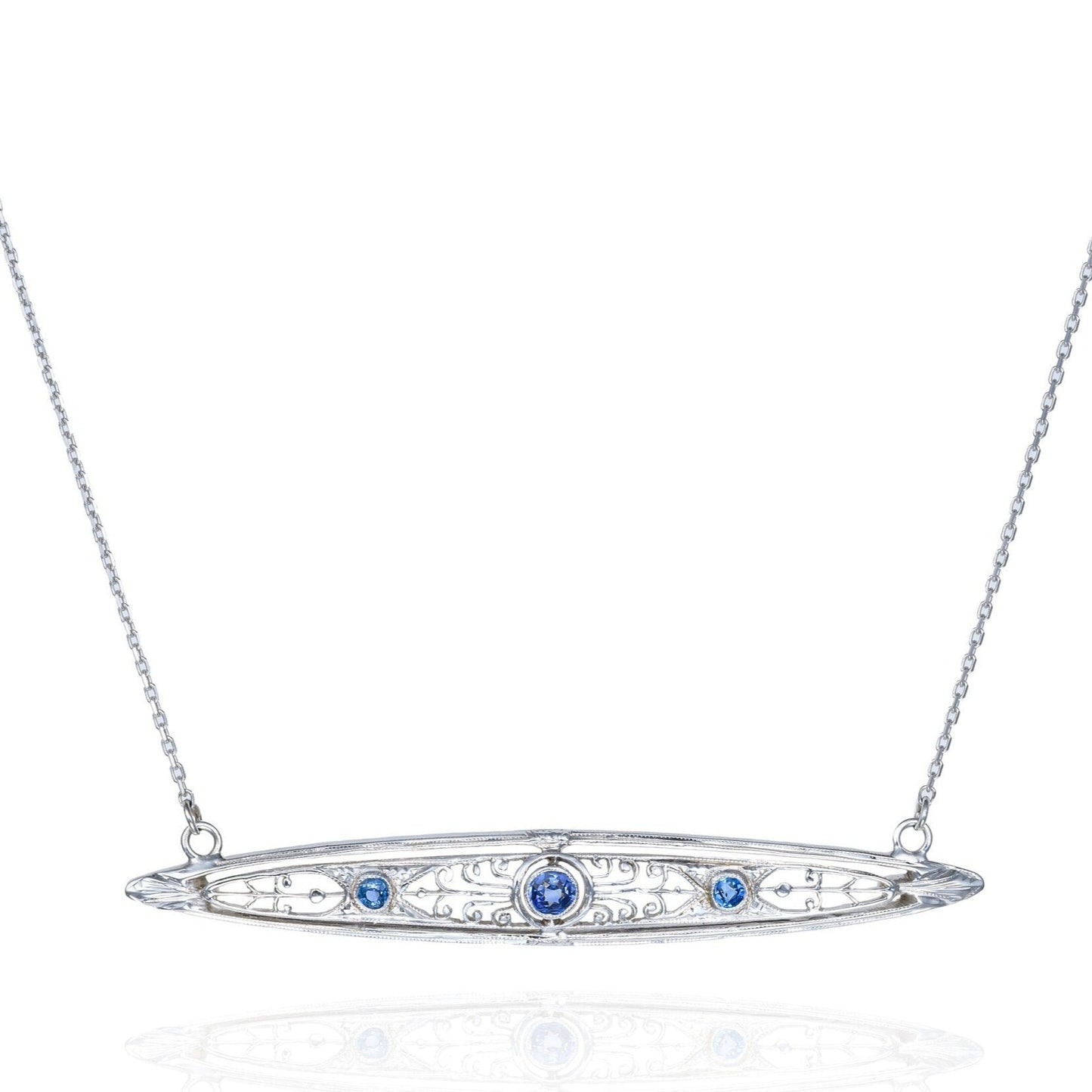 Art Deco Sapphire Filigree Necklace in 14K White Gold