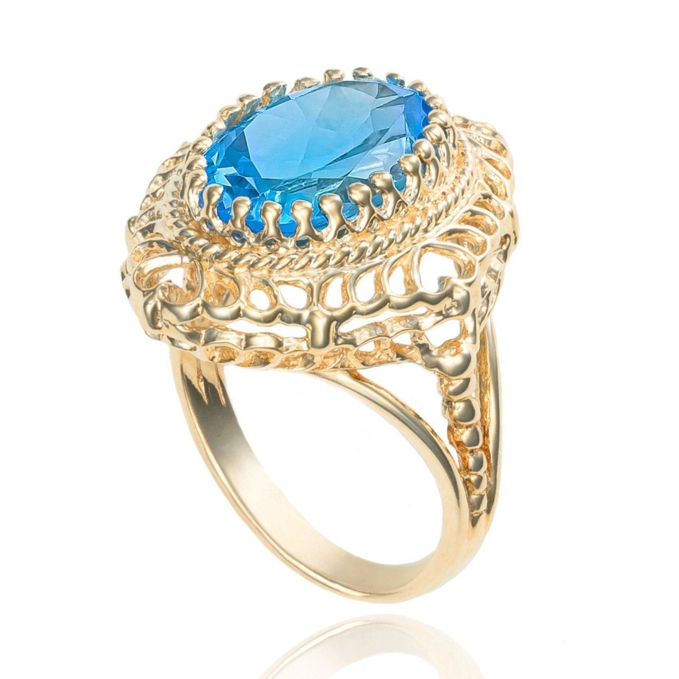 Blue Topaz Ornate Filigree Cocktail Ring in 10K Yellow Gold