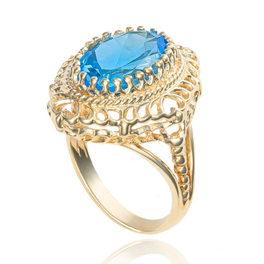 Blue Topaz Ornate Filigree Cocktail Ring in 10K Yellow Gold