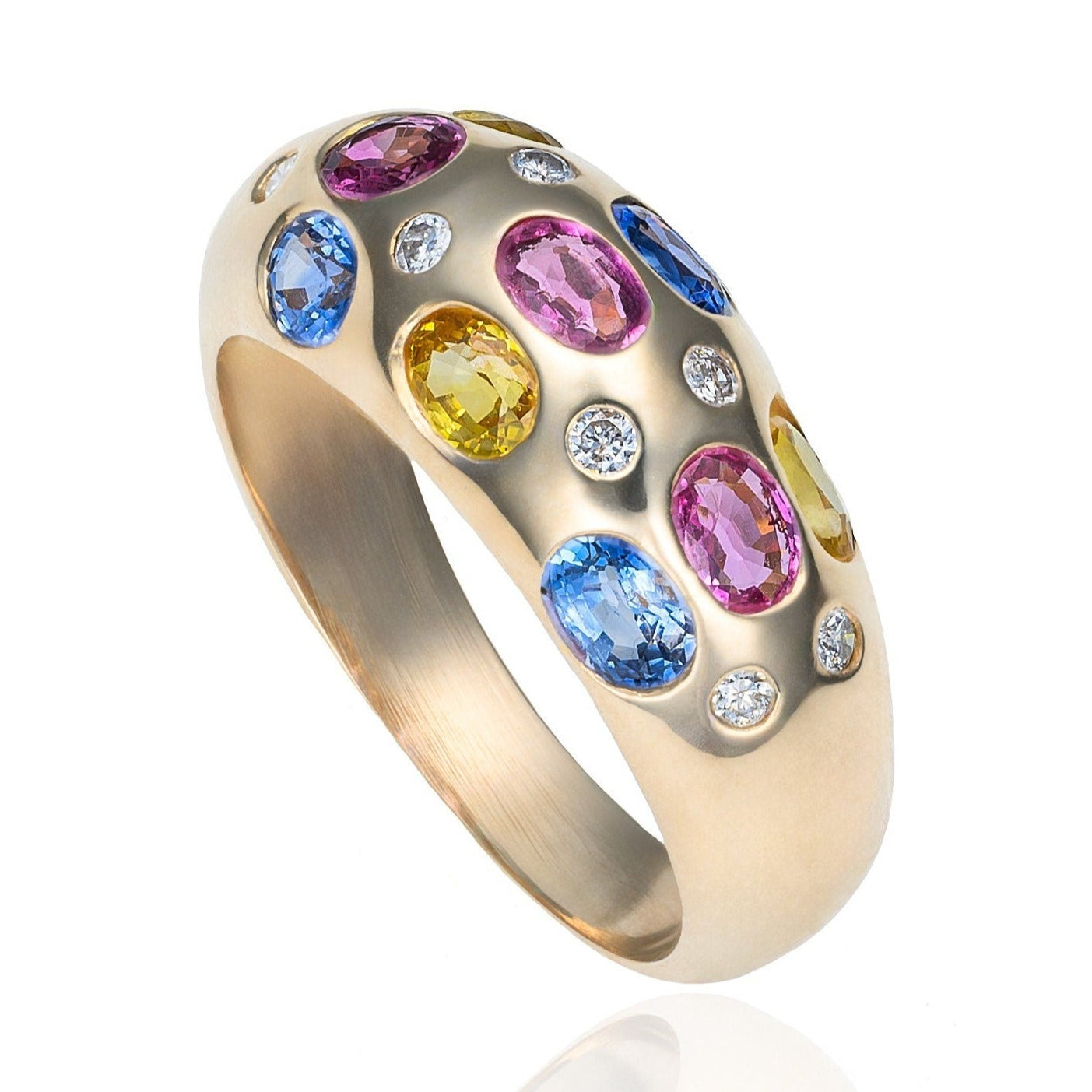 Pastel Multi Sapphire & Diamond Domed Ring in 14K Yellow Gold