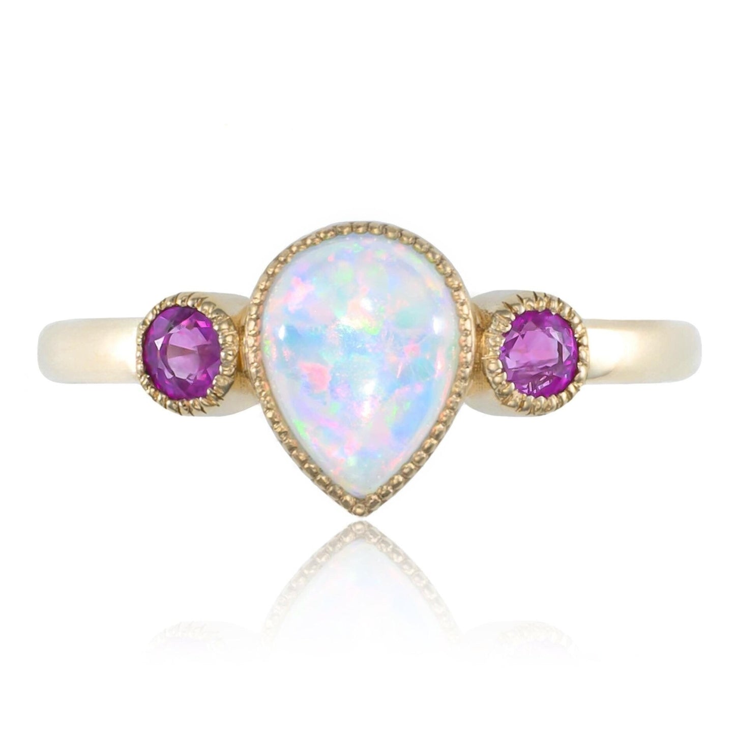 Opal & Pink Sapphire Milgrain Ring in 14K Yellow Gold