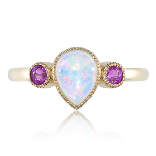 Opal & Pink Sapphire Milgrain Ring in 14K Yellow Gold