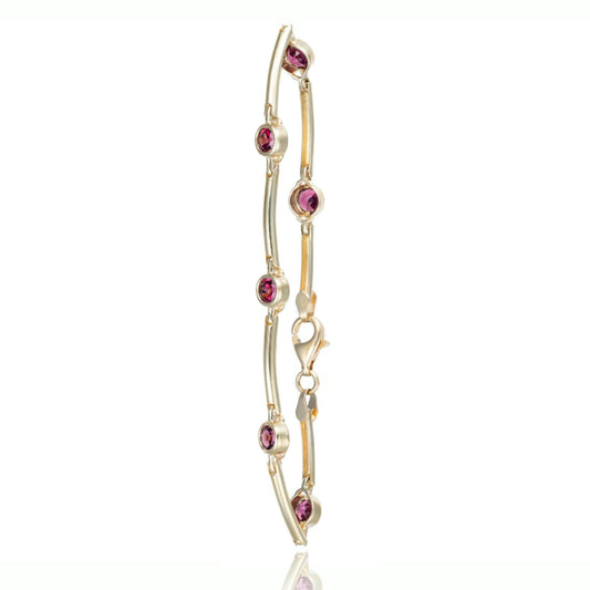 Rhodolite Garnet Bezel Set Heavy Station Bracelet in 14K Yellow Gold