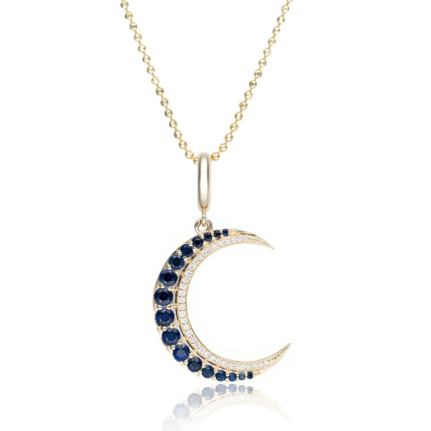 Sapphire & Diamond Crescent Moon Pendant in 14K Yellow Gold