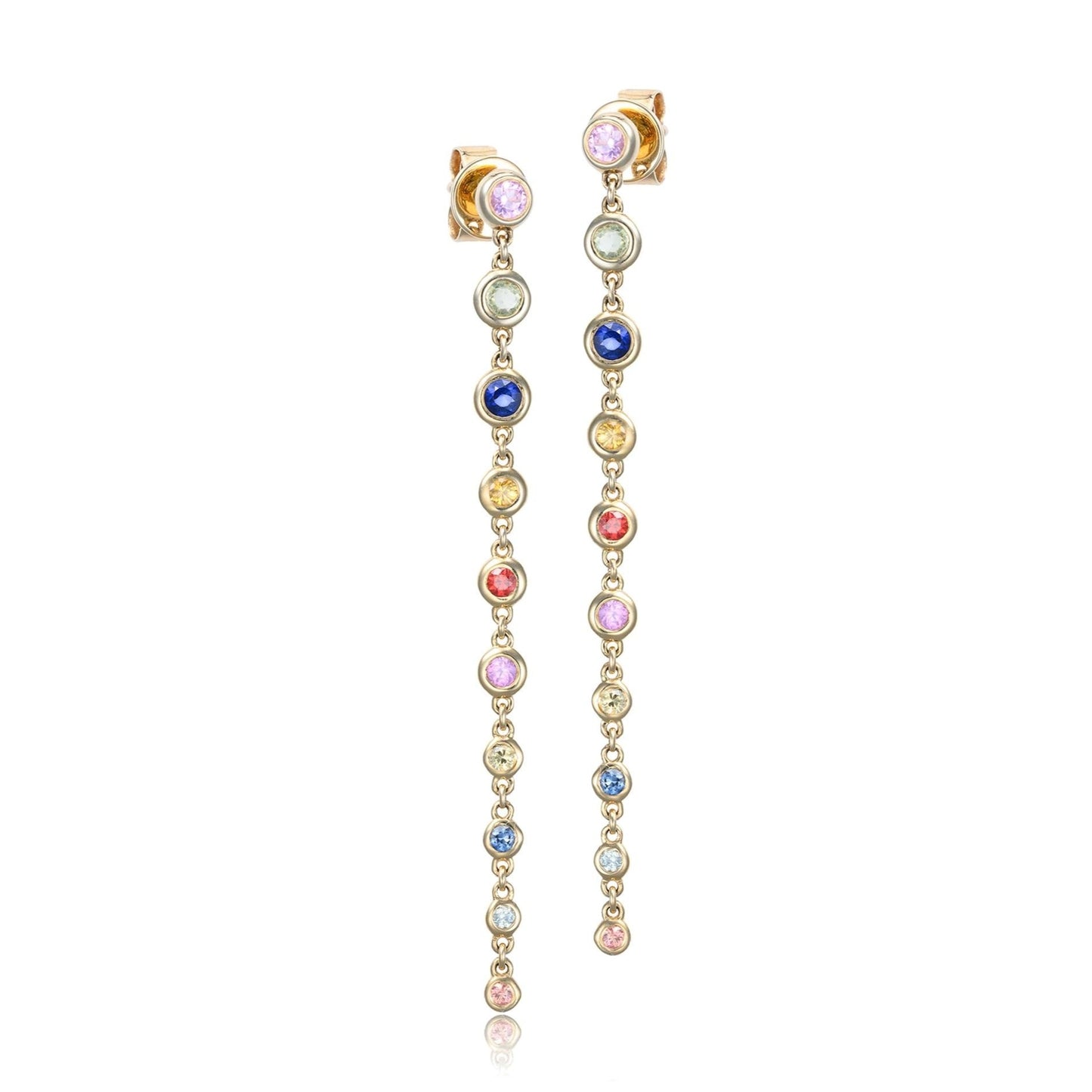 Rainbow Sapphire Bezel Long Drop Earrings in 14K Yellow Gold