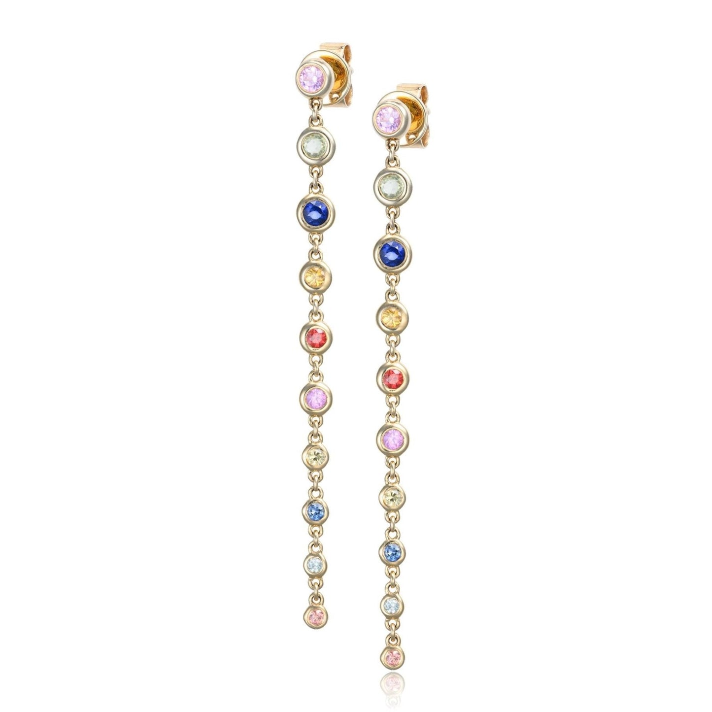 Rainbow Sapphire Bezel Long Drop Earrings in 14K Yellow Gold