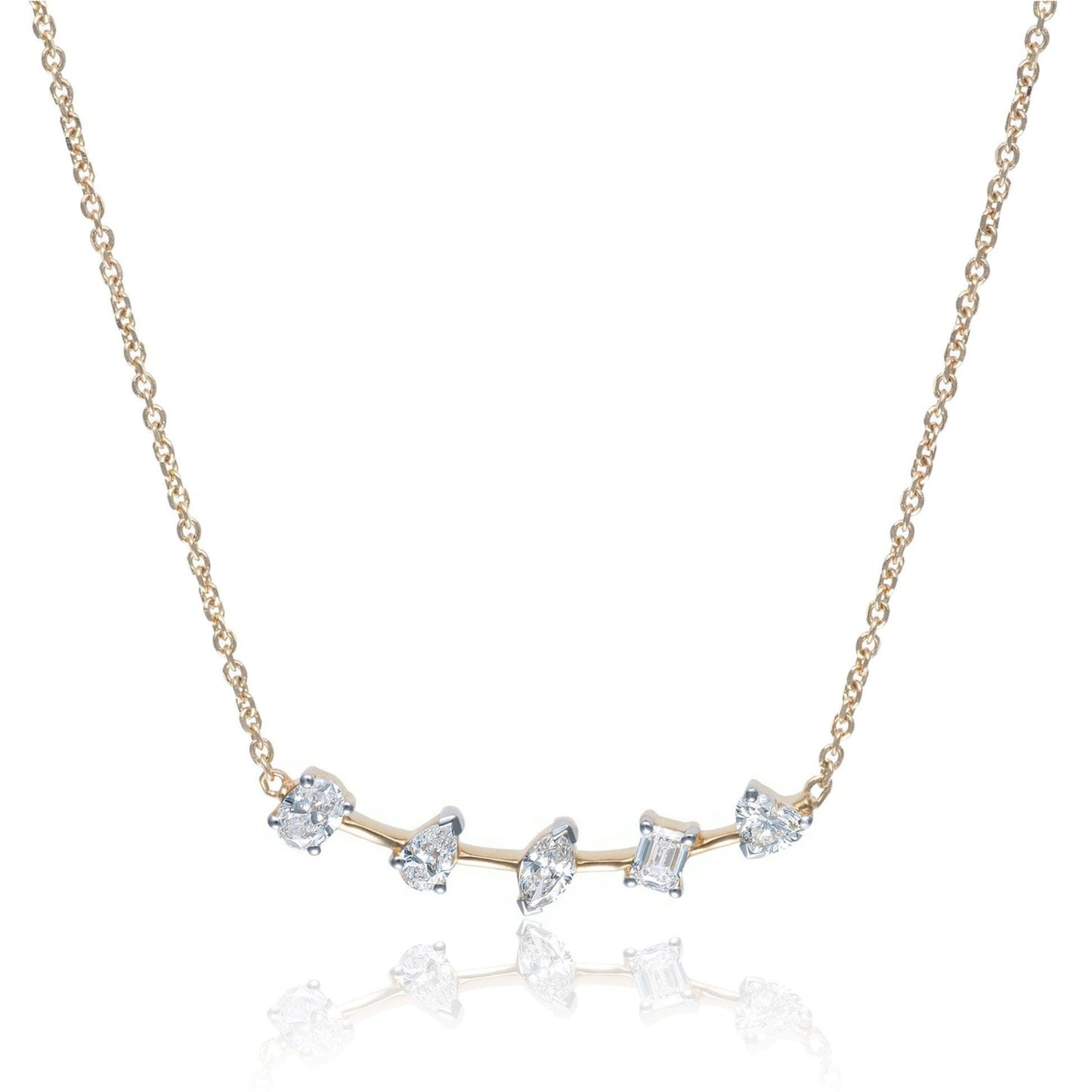 Multi Shaped Offset Diamond Curved Bar Necklace in 14K Yellow Gold