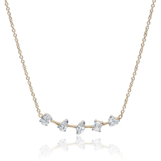 Multi Shaped Offset Diamond Curved Bar Necklace in 14K Yellow Gold