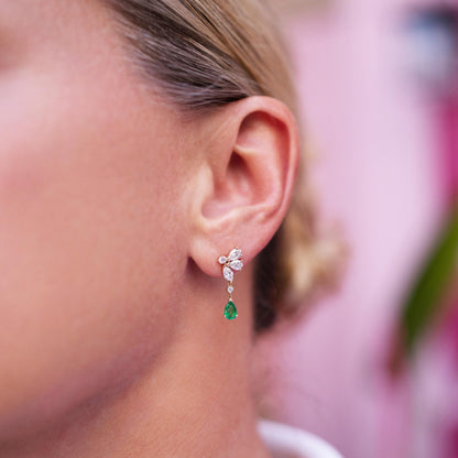 Colombian Emerald & Diamond Drop Earrings in 14K Yellow Gold