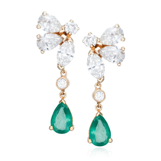 Colombian Emerald & Diamond Drop Earrings in 14K Yellow Gold