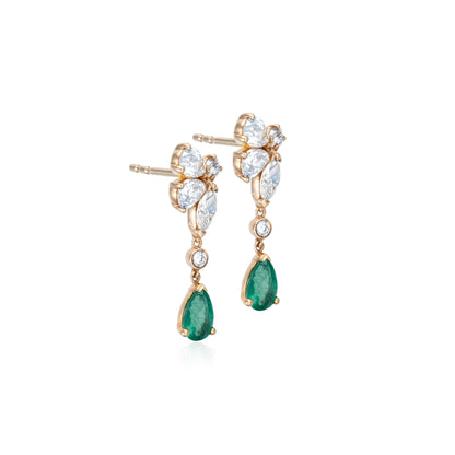 Colombian Emerald & Diamond Drop Earrings in 14K Yellow Gold