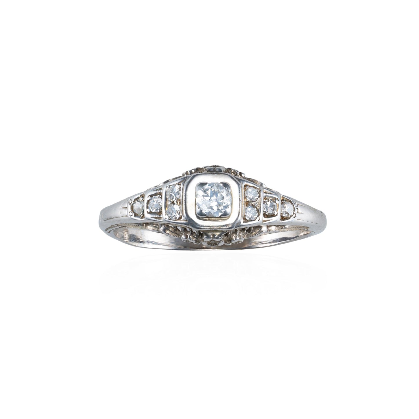 Art Deco Diamond Filigree Ring in 14K White Gold