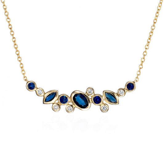 Scattered Sapphire & Diamond Bar Necklace in 14K Yellow Gold