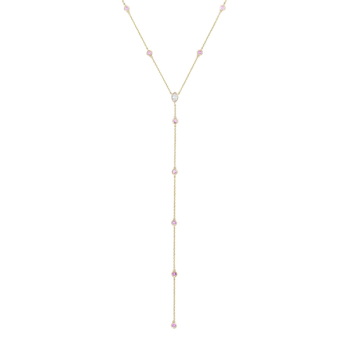 Diamond & Pink Sapphire Lariat Necklace in 14K Yellow Gold