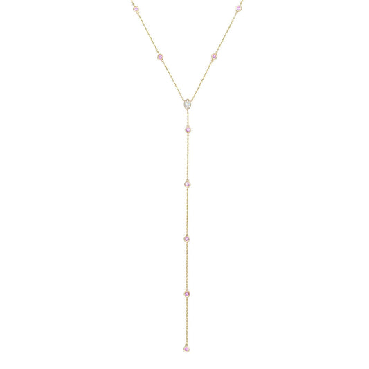 Diamond & Pink Sapphire Lariat Necklace in 14K Yellow Gold