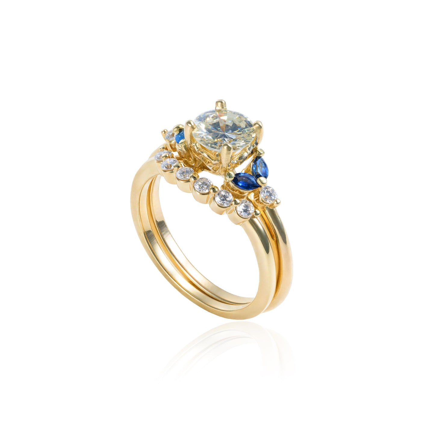 Diamond & Sapphire Floral Inspired Bridal Set in 14K Yellow Gold