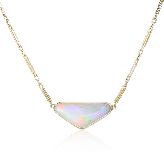 Bezel set Opal Paperclip Elongated Link Necklace in 14K Yellow Gold