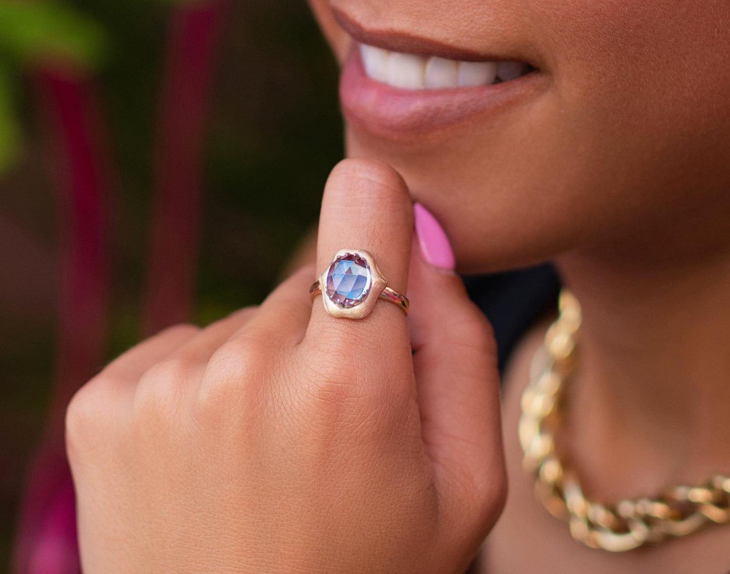 Rose Cut Aquamarine Shark Bite Ring in 14K Yellow Gold