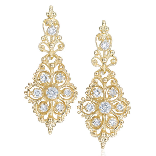 Ornate Diamond Drop Earrings in 14K Yellow Gold