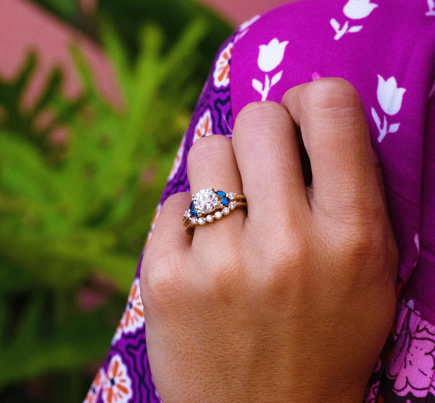 Diamond & Sapphire Floral Inspired Bridal Set in 14K Yellow Gold