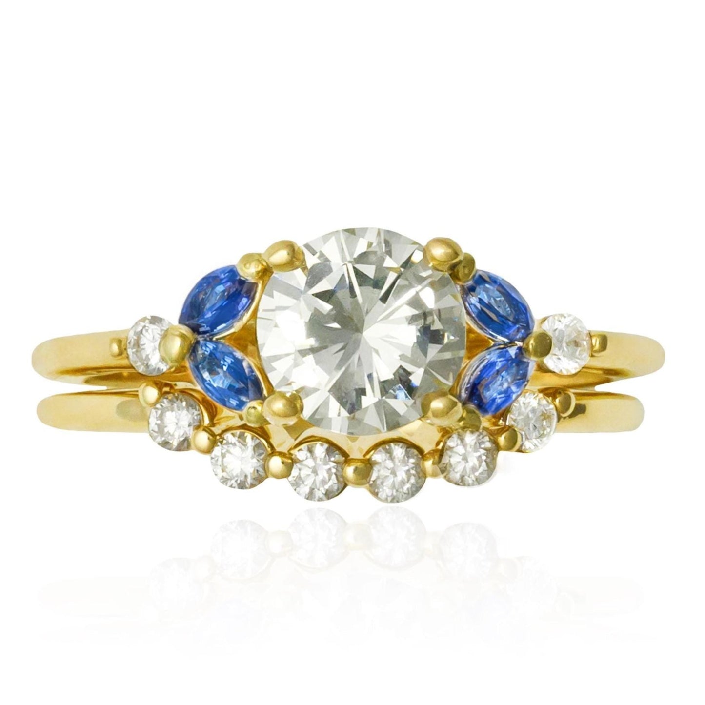 Diamond & Sapphire Floral Inspired Bridal Set in 14K Yellow Gold